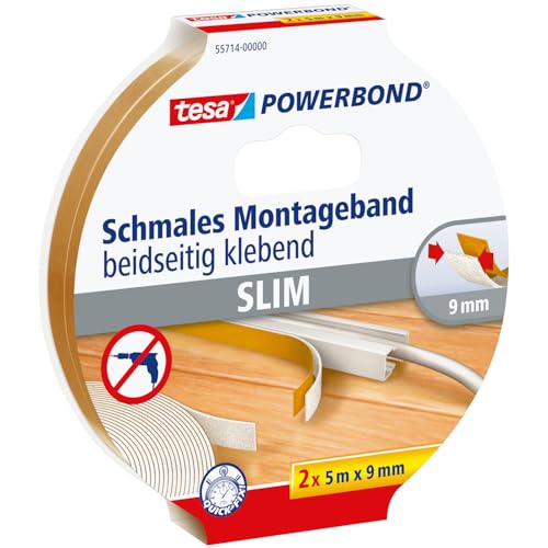 tesa Powerbond Montageband Schmal, 2 Stück - extra schmales Montageklebeband aus Schaumstoff, doppelseitig klebend - beige, 5 m x 9 mm - 2 Rollen von tesa