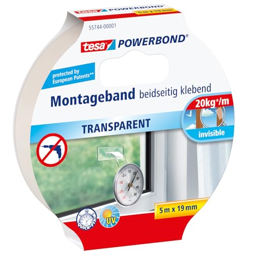 tesa Powerbond Montageband Transparent - doppelseitiges Klebeband - durchsichtiges Montage-Klebeband - transparent, 5 m x 19 mm, 1 Rolle von tesa