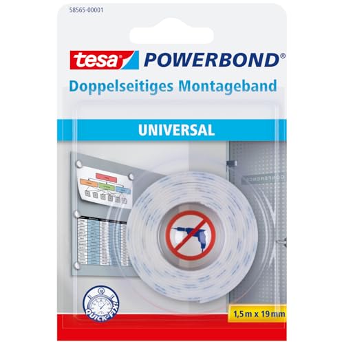 tesa Powerbond Montageband Universal - doppelseitiges Montageklebeband für Glas- und Leichtbauwände - zum Fixieren ohne Bohren - 1,5 m x 19 mm von tesa