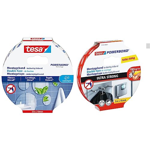 tesa Powerbond Montageband für Fliesen & Metall, feuchtraumbeständig & Powerbond Ultra strong - Doppelseitiges, extra starkes Montageband zur permanenten Befestigung im Außen- und Innenbereich von tesa