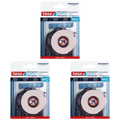 tesa Powerbond Montageband für Fliesen & Metall Extra Stark, mit bis zu 100 kg Haltekraft pro Meter - doppelseitiges Montageklebeband für glatte Oberflächen – 1,5 m x 19 mm, 3er Pack von tesa