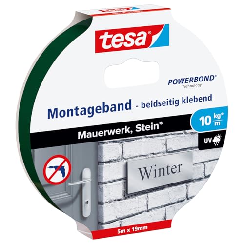 tesa Powerbond Montageband für Ziegel und Stein, 10 kg Haltekraft pro Meter - doppelseitiges Montageklebeband für Innen und Außen - 5 m x 19 mm von tesa