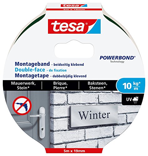 tesa Powerbond Montageband für Ziegel und Stein, 10 kg Haltekraft pro Meter - doppelseitiges Montageklebeband für Innen und Außen - 5 m x 19 mm von tesa