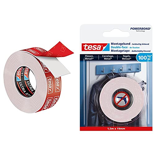 tesa Powerbond ULTRA STRONG - Doppelseitiges, extra starkes Montageband zur permanenten Befestigung im Außen- und Innenbereich - 1,5 m & Ultra starkes Montageband für Fliesen und Metall, 1,5m x 19mm von tesa