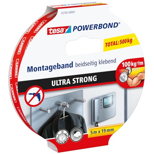 tesa Powerbond ULTRA STRONG - Doppelseitiges, extra starkes Montageband zur permanenten Befestigung im Außen- und Innenbereich - 5 m von tesa