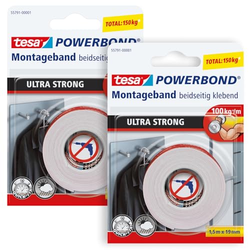 tesa Powerbond ULTRA STRONG im 2er Pack - Doppelseitiges, extra starkes Montageband zur permanenten Befestigung im Außen- und Innenbereich - 1,5 m tesa Powerbond ULTRA STRONG im 2er Pack - Doppelseitiges, extra starkes Montageband zur permanenten Befestigung im Außen- und Innenbereich - 1,5 m von tesa