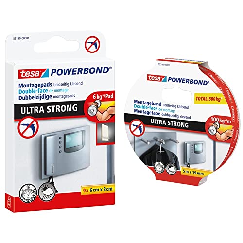 tesa Powerbond Ultra Strong Klebepads/Doppelseitige Pads, 6 cmx2 cm & Powerbond ULTRA STRONG - Doppelseitiges, extra starkes Montageband zur permanenten Befestigung im Außen- und Innenbereich - 5 m von tesa