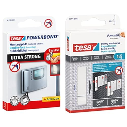 tesa Powerbond Ultra Strong Klebepads/Doppelseitige Pads für die Montage im Innen- sowie geschützten Außenbereich & Klebestreifen zum Befestigen auf Tapete & Putz, 1 kg Halteleistung von tesa