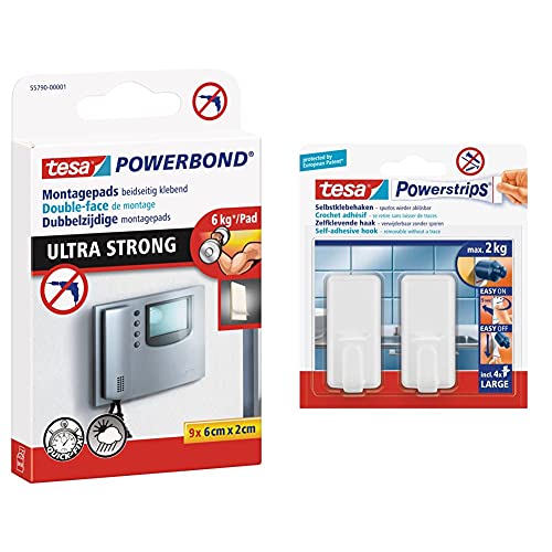 tesa Powerbond Ultra Strong Klebepads/Doppelseitige Pads für die Montage im Innen- sowie geschützten Außenbereich & Powerstrips Haken Large CLASSIC - Selbstklebender Wandhaken Weiß von tesa