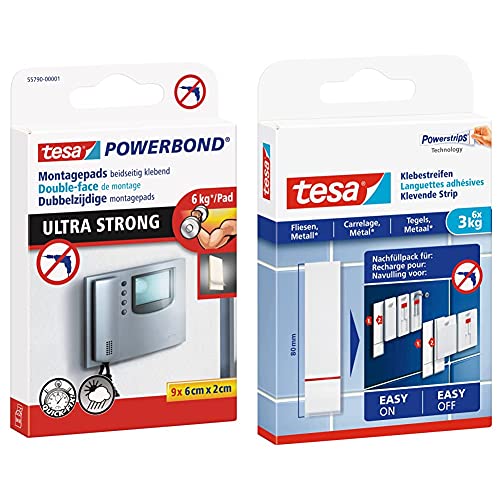tesa Powerbond Ultra Strong Klebepads/Doppelseitige Pads für die Montage im Innen- sowie geschützten Außenbereich & Powerstrips Klebestreifen (für Fliesen und Metall 3 kg) 6 Stück von tesa