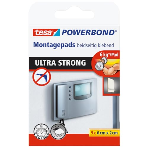 tesa Powerbond Ultra Strong Klebepads - Doppelseitige Pads für die Montage im Innen- sowie geschützten Außenbereich - beidseitig ultrastark klebend - Verpackung mit 9 Pads von tesa