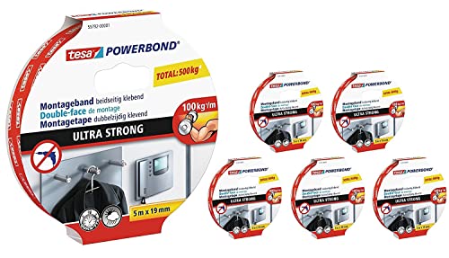 tesa Powerbond Ultra Strong Montageband/Doppelseitiges Klebeband für eine besonders starke und dauerhafte Befestigung ohne Bohren / 5 m x 19 mm (5m:19mm / 5er Pack) von tesa