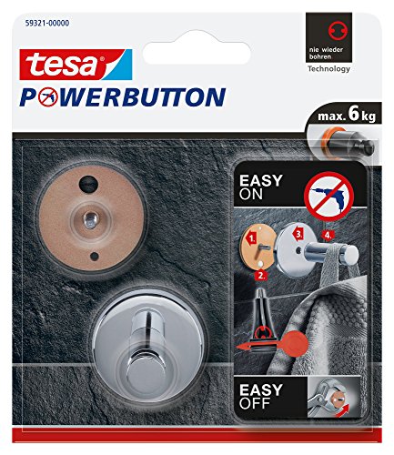 tesa Powerbutton Haken Universal MEDIUM aus verchromtem Metall - selbstklebender Badhaken, runde Form - Handtuchhaken für das Bad - belastbar bis 6 kg von tesa