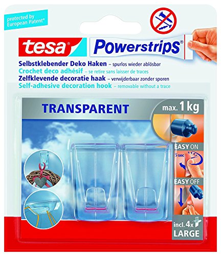 tesa Powerstrips® Deco Haken Large, transparent, für max. 1kg, Packung mit 2 Haken + 4 Powerstrips (3 Packungen, transparent) von tesa