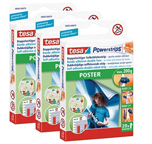tesa Powerstrips® Poster-Klebestreifen, max. 200 g, spurlos wieder ablösbar (1 Packung mit 20 Stück) (3 Packungen) von tesa
