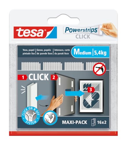 tesa Powerstrips CLICK – Klebehaken zum Aufhängen von Bilderrahmen und Wanddekorationen ohne Bohren – selbstklebende Streifen mit Ein- und Aushängesystem – Medium – 16 x 2 Stück von tesa