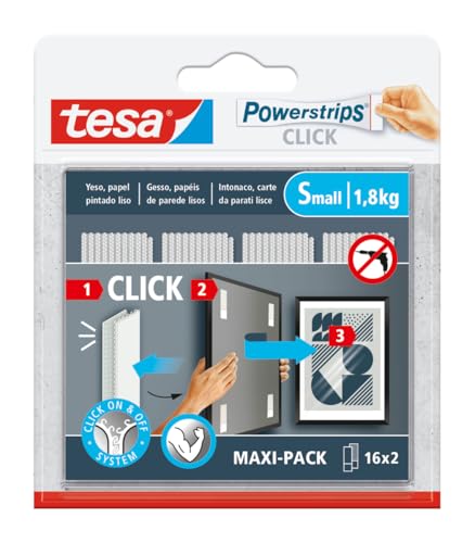 Tesa Powerstrips CLICK – Klebehaken zum Aufhängen von Bilderrahmen und Wanddekorationen ohne Bohren – selbstklebende Streifen mit Ein- und Aushängesystem – klein – 16 x 2 Stück Tesa Powerstrips CLICK – Klebehaken zum Aufhängen von Bilderrahmen und Wanddekorationen ohne Bohren – selbstklebende Streifen mit Ein- und Aushängesystem – klein – 16 x 2 Stück von tesa