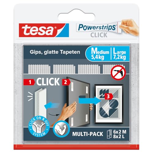 tesa Powerstrips CLICK - Klett-Klebepads zum An- und Abklicken von Bilderrahmen und Wanddekorationen ohne Bohren - selbstklebende Klettband-Strips mit ON und OFF Click-System - 6 x 2 M, 8 x 2 L tesa Powerstrips CLICK - Klett-Klebepads zum An- und Abklicken von Bilderrahmen und Wanddekorationen ohne Bohren - selbstklebende Klettband-Strips mit ON und OFF Click-System - 6 x 2 M, 8 x 2 L von tesa
