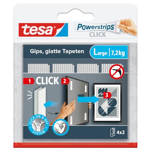 tesa Powerstrips CLICK - Klett-Klebepads zum An- und Abklicken von Bilderrahmen und Wanddekorationen ohne Bohren - selbstklebende Klettband-Strips mit ON und OFF Click-System - Large - 4 x 2 Stück tesa Powerstrips CLICK - Klett-Klebepads zum An- und Abklicken von Bilderrahmen und Wanddekorationen ohne Bohren - selbstklebende Klettband-Strips mit ON und OFF Click-System - Large - 4 x 2 Stück von tesa