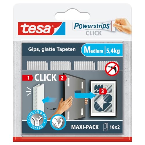 tesa Powerstrips CLICK - Klett-Klebepads zum An- und Abklicken von Bilderrahmen und Wanddekorationen ohne Bohren - selbstklebende Klettband-Strips mit ON und OFF Click-System - Medium - 16 x 2 Stück tesa Powerstrips CLICK - Klett-Klebepads zum An- und Abklicken von Bilderrahmen und Wanddekorationen ohne Bohren - selbstklebende Klettband-Strips mit ON und OFF Click-System - Medium - 16 x 2 Stück von tesa