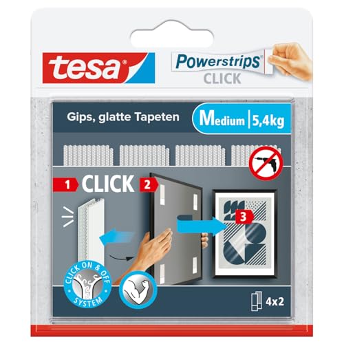 tesa Powerstrips CLICK - Klett-Klebepads zum An- und Abklicken von Bilderrahmen und Wanddekorationen ohne Bohren - selbstklebende Klettband-Strips mit ON und OFF Click-System - Medium - 4 x 2 Stück tesa Powerstrips CLICK - Klett-Klebepads zum An- und Abklicken von Bilderrahmen und Wanddekorationen ohne Bohren - selbstklebende Klettband-Strips mit ON und OFF Click-System - Medium - 4 x 2 Stück von tesa