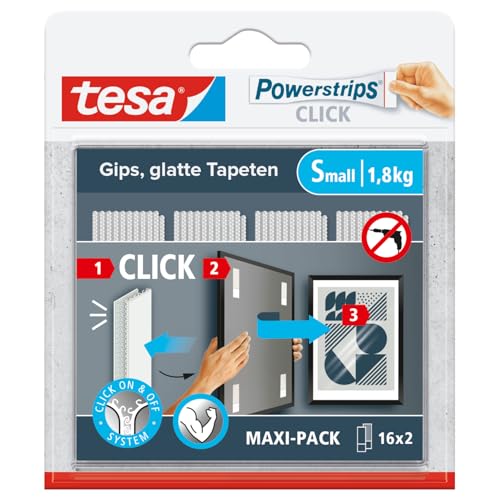 tesa Powerstrips CLICK - Klett-Klebepads zum An- und Abklicken von Bilderrahmen und Wanddekorationen ohne Bohren - selbstklebende Klettband-Strips mit ON und OFF Click-System - Small - 16 x 2 Stück tesa Powerstrips CLICK - Klett-Klebepads zum An- und Abklicken von Bilderrahmen und Wanddekorationen ohne Bohren - selbstklebende Klettband-Strips mit ON und OFF Click-System - Small - 16 x 2 Stück von tesa