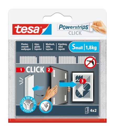 tesa Powerstrips Click – selbstklebende Klettstreifen mit On & Off Klicksystem zur Befestigung von Bilderrahmen und Wanddekorationen ohne Bohren – klein – 4 x 2 Stück von tesa