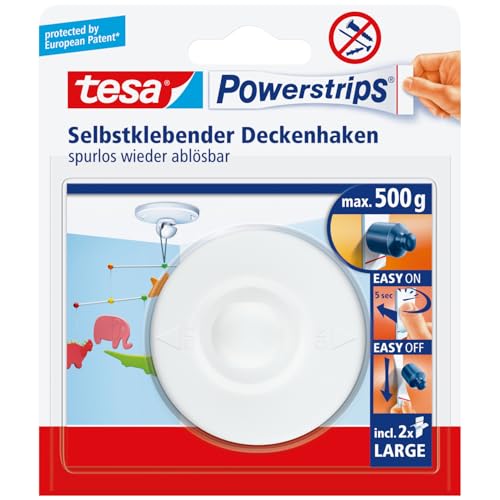 tesa Powerstrips Deckenhaken - Selbstklebender, drehbarer Haken in Weiß zum Aufhängen von Decken-Dekoration - Mit tesa Powerstrips Large - Bis zu 500 g Halteleistung von tesa