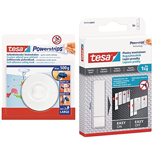 tesa Powerstrips Deckenhaken - Selbstklebender, drehbarer Haken in Weiß Powerstrips Large - Bis zu 500g & Powerstrips Tapete&Putz - doppelseitige Klebestreifen, Haltekraft 6x1KG von tesa