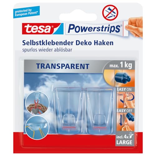 tesa Klebehaken für transparente Oberflächen und Glas (1 kg) - Durchsichtige, selbstklebende Haken - Bis zu 1 kg Halteleistung pro Haken, 2-er Pack von tesa