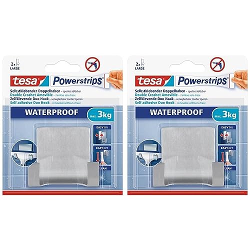 tesa Powerstrips Doppelhaken Waterproof Zoom - selbstklebender Haken für Dusche und Bad, groß - Metall-Badhaken - belastbar bis 3 kg (Packung mit 2) von tesa
