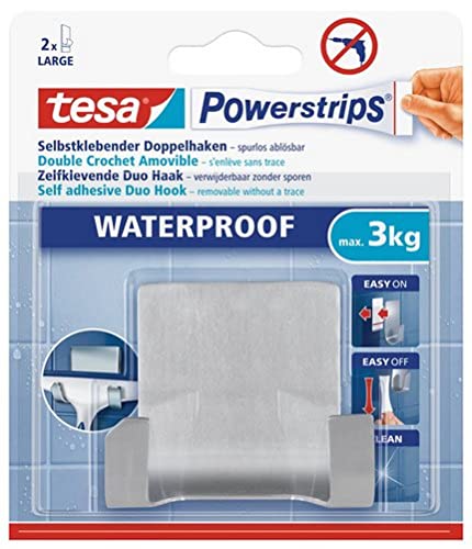 tesa Powerstrips Doppelhaken Waterproof Zoom - selbstklebender Haken für Dusche und Bad, groß - Metall-Badhaken - belastbar bis 3 kg von tesa