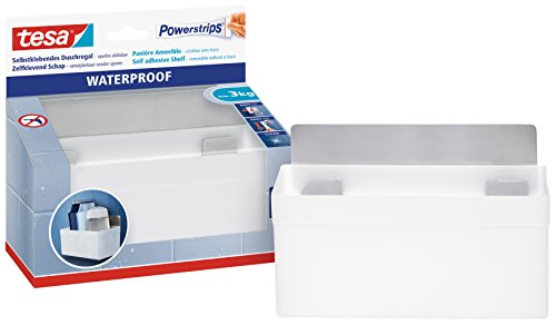 tesa Powerstrips Duschregal wasserfest / Selbstklebender Halter aus rostfreiem Edelstahl und Kunststoff fr die Dusche / Bis 3 kg / Rckstandslos entfernbar / 1 Stck, 59711-00000-02, Wei , Metall von tesa