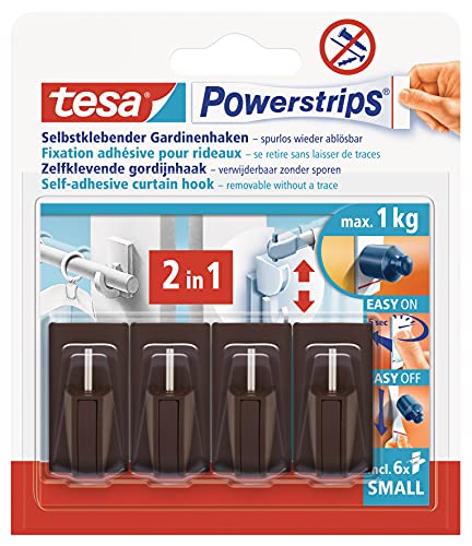 tesa Powerstrips Vario-Gardinenhaken / Selbstklebende Gardinenhaken von tesa - wieder ablösbar und mehrfach verwendbar / Bis 1 kg Belastung / 1 x 4 Stück / Braun von tesa