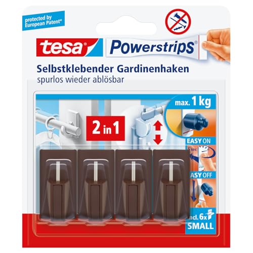 tesa Powerstrips Vario-Gardinenhaken / Selbstklebende Gardinenhaken von tesa - wieder ablösbar und mehrfach verwendbar / Bis 1 kg Belastung / 1 x 4 Stück / Braun von tesa