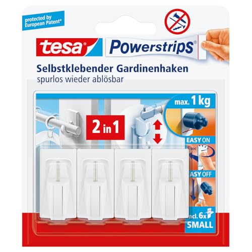 tesa Powerstrips Vario-Gardinenhaken / Selbstklebende Gardinenhaken von tesa - wieder ablösbar und mehrfach verwendbar / Bis 1 kg Belastung / 1 x 4 Stück / Weiß tesa Powerstrips Vario-Gardinenhaken / Selbstklebende Gardinenhaken von tesa - wieder ablösbar und mehrfach verwendbar / Bis 1 kg Belastung / 1 x 4 Stück / Weiß von tesa