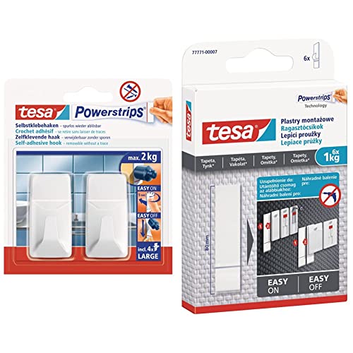 tesa Powerstrips Haken Large ECKIG - Weiß & Powerstrips Tapete&Putz - doppelseitige Klebestreifen für Tapete und Gips - Ersatz-Klebestreifen Klebenagel - Haltekraft 6x1KG von tesa