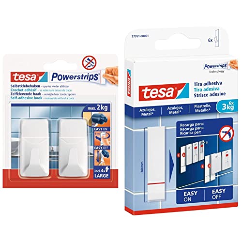 tesa Powerstrips Haken Large ECKIG & Powerstrips Klebestreifen für Fliesen und Metall 3 kg - Doppelseitige Streifen für feste, glatte Flächen - Bis zu 3 kg Halteleistung pro Streifen - 6 Stück von tesa