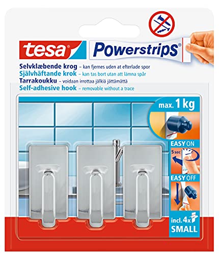 tesa Powerstrips Haken Small CLASSIC - Selbstklebender Wandhaken für Glas, Kacheln, Holz, Kunststoff und andere Untergründe - Chrom von tesa