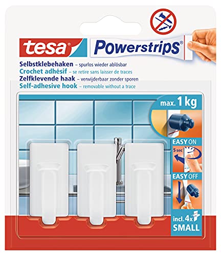 tesa Powerstrips Haken Small CLASSIC - Selbstklebender Wandhaken für Glas, Kacheln, Holz, Kunststoff und andere Untergründe - Weiß von tesa
