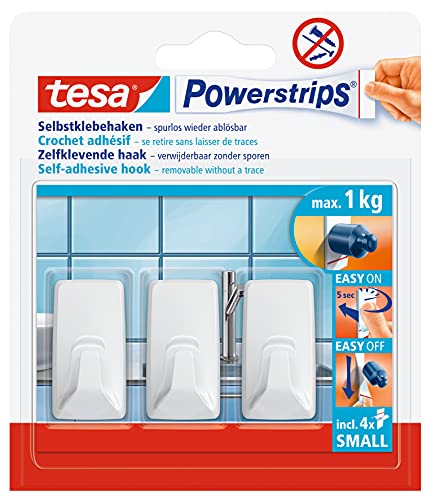 tesa Powerstrips Haken Small ECKIG - Selbstklebender Wandhaken für Glas, Kacheln, Holz, Kunststoff und andere Untergründe - Weiß von tesa