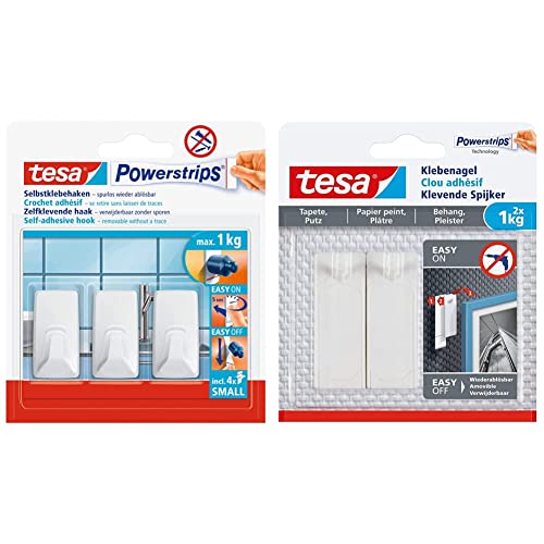 tesa Powerstrips Haken Small ECKIG - Weiß & Klebenagel für Tapeten und Putz 1kg - Selbstklebende Nägel für empfindliche Oberflächen - rückstandslos - Bis zu 1 kg Halteleistung pro Nagel - 2 Klebenägel von tesa