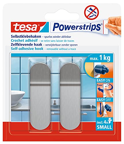 tesa Powerstrips Haken Small Metall - Selbstklebender Wandhaken für Glas, Kacheln, Holz, Kunststoff und andere Untergründe - Metall von tesa