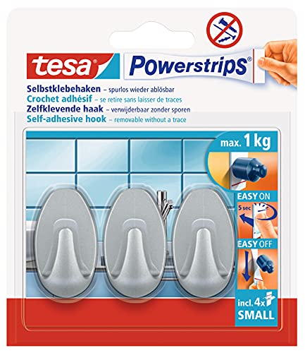 tesa Powerstrips Haken Small OVAL - Selbstklebender Wandhaken für Glas, Kacheln, Holz, Kunststoff und andere Untergründe - Matt-Chrom von tesa