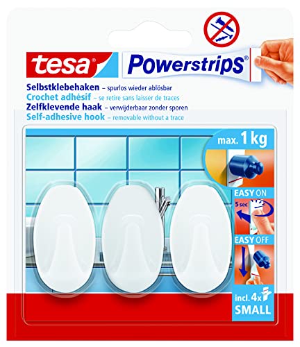 tesa Powerstrips Haken Small OVAL - Selbstklebender Wandhaken für Glas, Kacheln, Holz, Kunststoff und andere Untergründe - Weiß von tesa