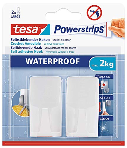 tesa Powerstrips Haken Waterproof Wave, weiß - selbstklebender Wandhaken für Dusche und Bad, groß - Kunststoff-Badhaken - belastbar bis 2 kg, 12 x 14 x 2.5 cm von tesa
