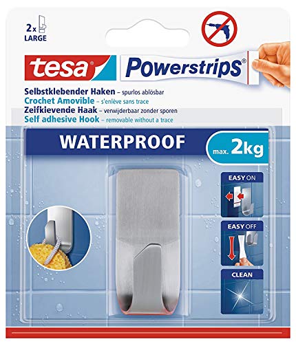 tesa Powerstrips Haken wasserfest/Selbstklebende Halterung aus rostfreiem Edelstahl für Dusche, Bad und Küche, max. 2 kg (3 Packungen) von tesa