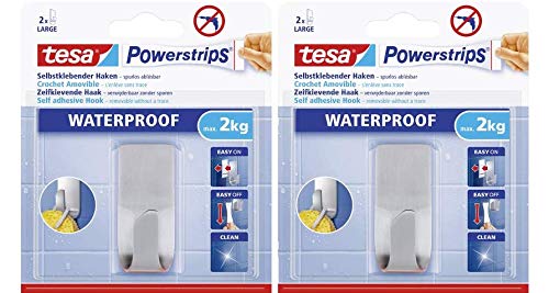 tesa Powerstrips Haken wasserfest / Selbstklebende Halterung aus rostfreiem Edelstahl für Dusche, Bad und Küche, max. 2 kg (2er Pack) von tesa