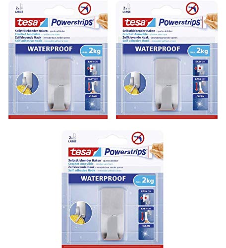 tesa Powerstrips Haken wasserfest / Selbstklebende Halterung aus rostfreiem Edelstahl für Dusche, Bad und Küche, max. 2 kg (3er Pack) von tesa