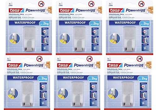 tesa Powerstrips Haken wasserfest / Selbstklebende Halterung aus rostfreiem Edelstahl für Dusche, Bad und Küche, max. 2 kg (6er Pack) von tesa